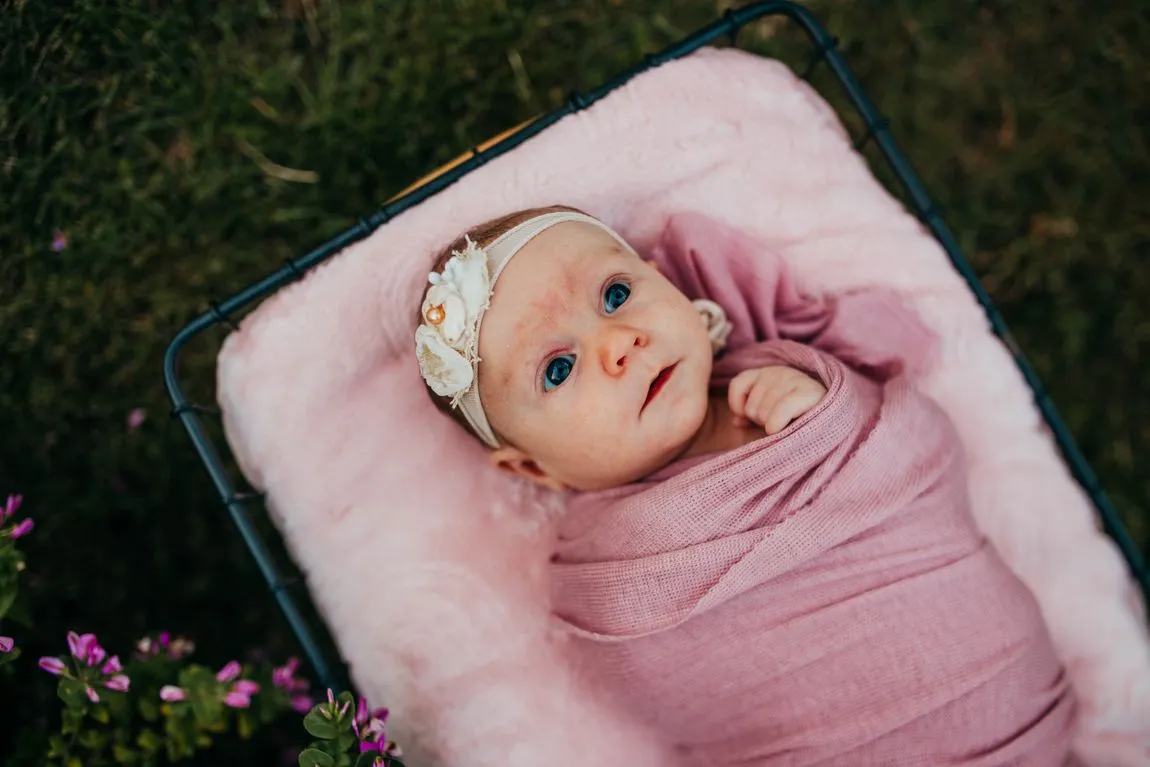 Newborn baby swaddled in a pink blanket